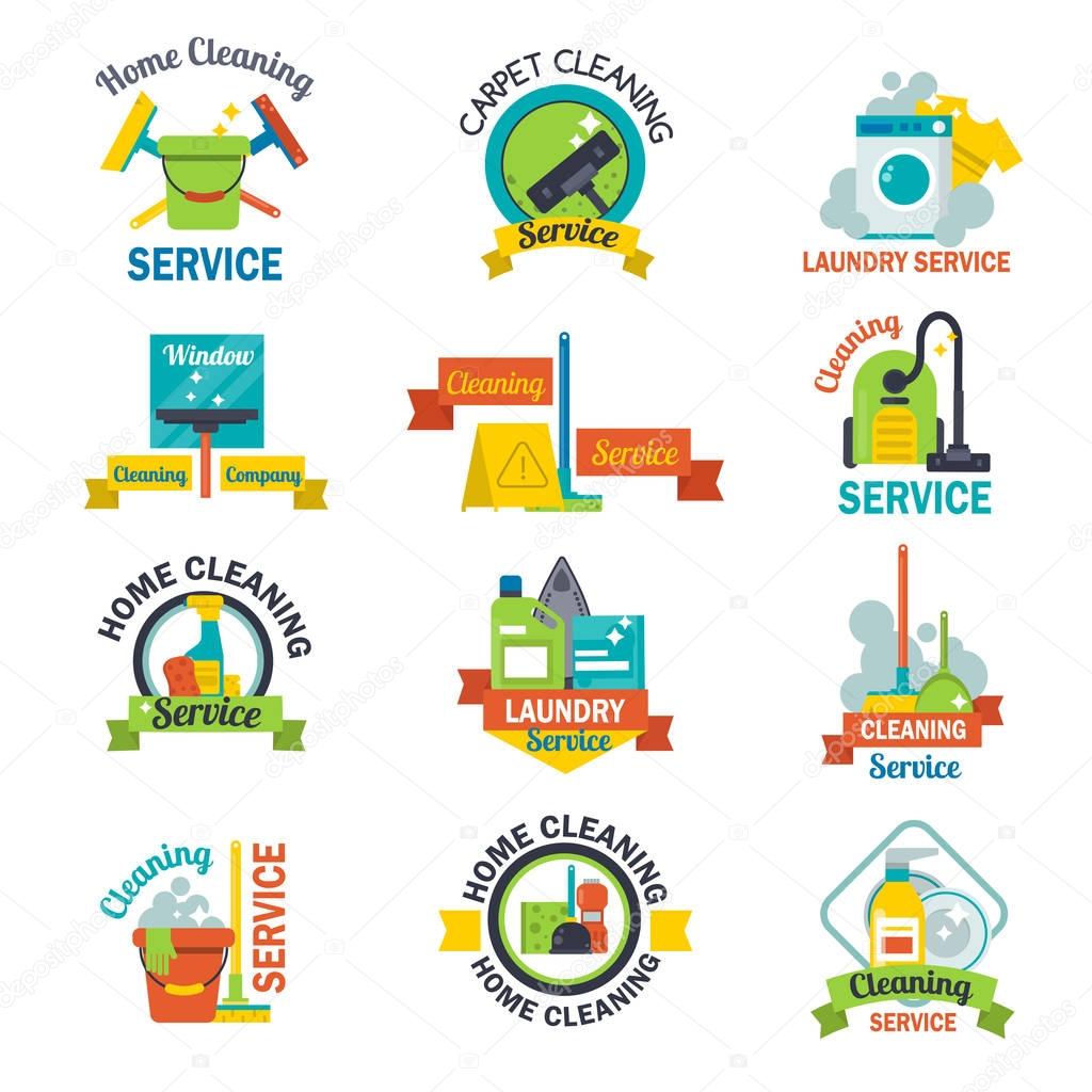 Set of cleaning service emblems labels and design elements home household symbol work brush vector illustration. Wash worker bin duster floor dirty clean equipment housework sign.