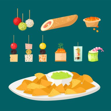 Çeşitli et kanepe aperatifler meze balık ve peynir Ziyafet snacks plakalı vektör çizim.