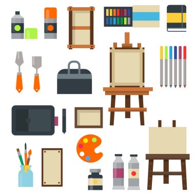 Sanat araçlar paleti simgesi boyama düz vektör çizim ayrıntıları Kırtasiye yaratıcı boya ekipman ayarla.