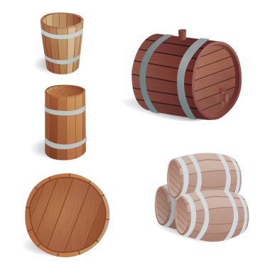 Ahşap varil vintage eski stil meşe saklama kabı ve kahverengi izole retro sıvı İçecek nesne damıtım kargo fermantasyon lager vektör çizim davul.