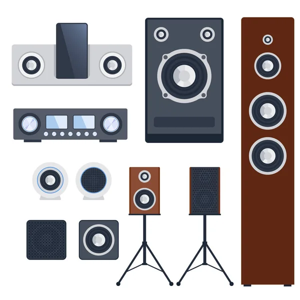 Домашня звукова система стерео плоска векторна музика гучномовці плеєр сабвуфер технологія обладнання . — стоковий вектор