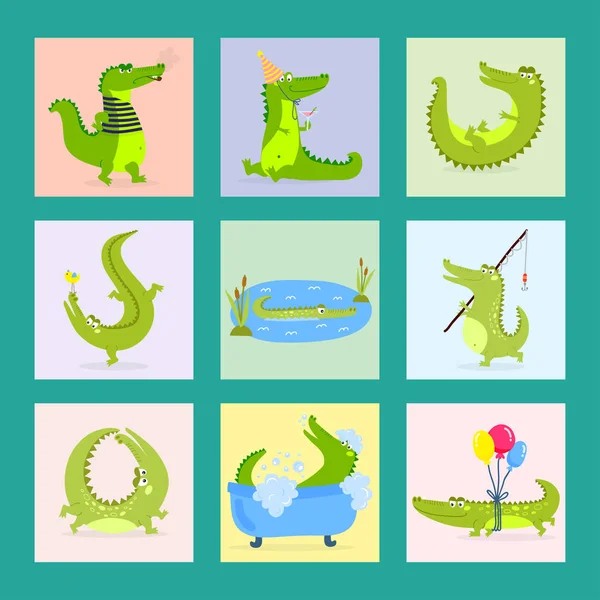 Карикатурно-зелёный крокодил смешной хищник австралийский речной рептилий аллигатор плоский векторный рисунок . — стоковый вектор