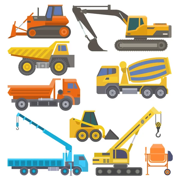 Építőipari berendezések és gépek, teherautók daru lapos sárga buldózer közlekedési vektoros illusztráció — Stock Vector