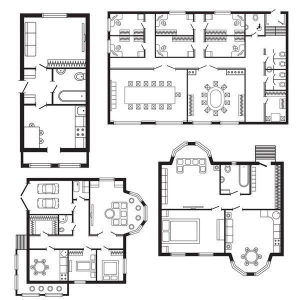 Projeto de desenho de design de mobiliário e construção de interiores de escritório moderno — Vetor de Stock