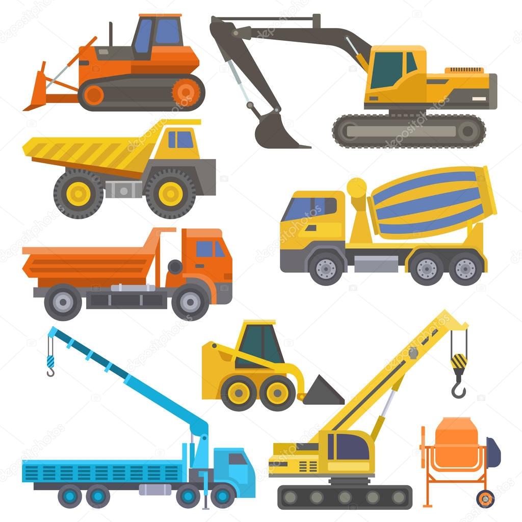 Construction equipment and machinery with trucks crane bulldozer flat yellow transport vector illustration