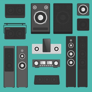 Ev ses sistemi stereo düz vektör müzik hoparlörler oyuncu subwoofer ekipman teknoloji.
