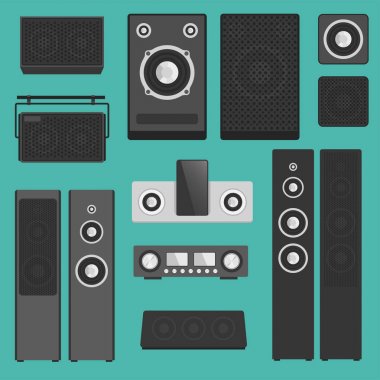 Home sound system stereo flat vector music loudspeakers player subwoofer equipment technology. clipart