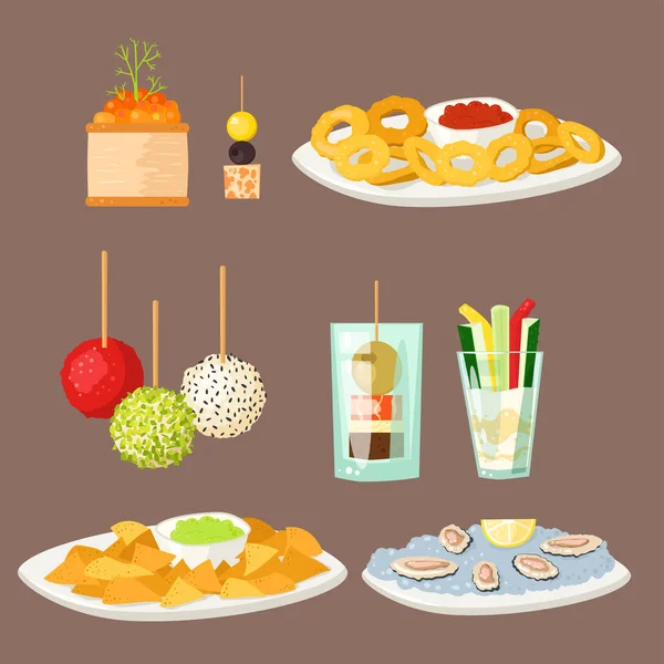Various meat canape snacks appetizer fish and cheese banquet snacks on platter vector illustration. — Stock Vector