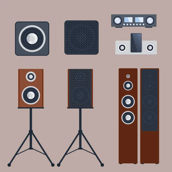 Домашня звукова система стерео плоска векторна музика гучномовці плеєр сабвуфер технологія обладнання . — стоковий вектор