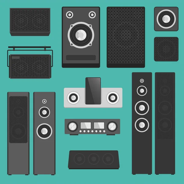 Home sound system stereo flat vector music loudspeakers player subwoofer equipment technology. — Stock Vector