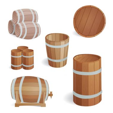 Ahşap varil vintage eski stil meşe saklama kabı ve kahverengi izole retro sıvı İçecek nesne damıtım kargo fermantasyon lager vektör çizim davul.