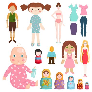 Küçük kızlar bebek oyuncakları karakter vektör çizim ile oynarken Icons set.