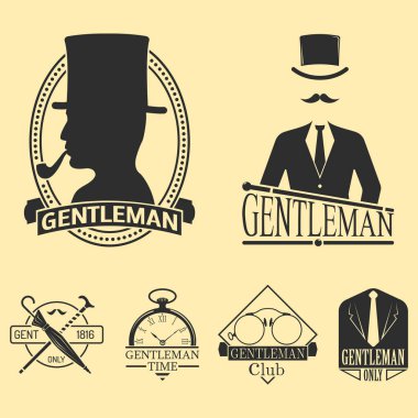 Vintage tarzı tasarım hipster beyefendi vektör çizim rozeti siyah siluet öğesi.