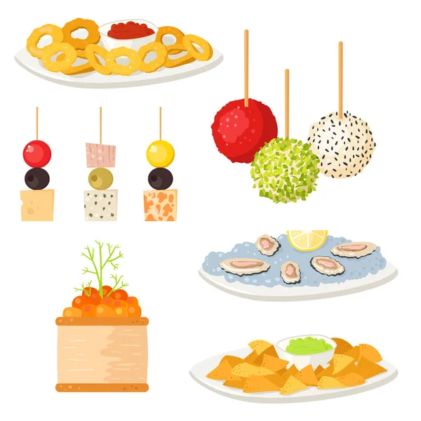 Különböző hús kanapén snack előétel hal és sajt bankett ételek a tál vektoros illusztráció. — Stock Vector