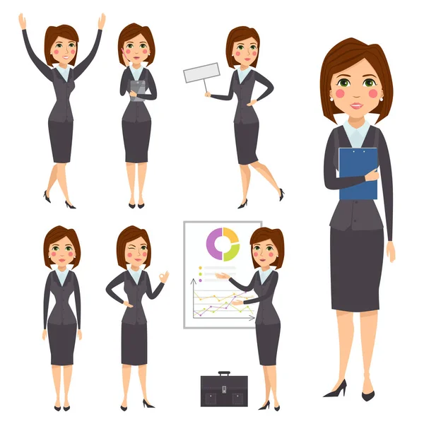 Vector business woman character silhouette standing adult office career posing young girl. — Stock Vector