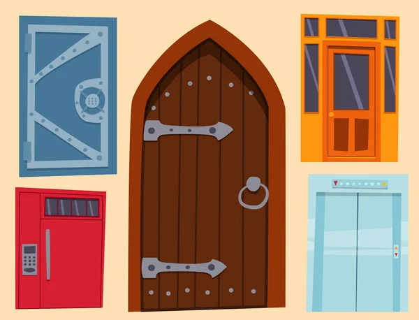 Puerta de color frente a la casa y la construcción de diseño plano estilo aislado vector ilustración moderna nueva decoración abierta elegante habitación cerradura . — Vector de stock