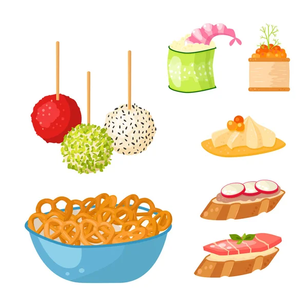 Diversos bocadillos de canapé de carne aperitivo aperitivos de banquete de pescado y queso en la ilustración vector de plato . — Archivo Imágenes Vectoriales