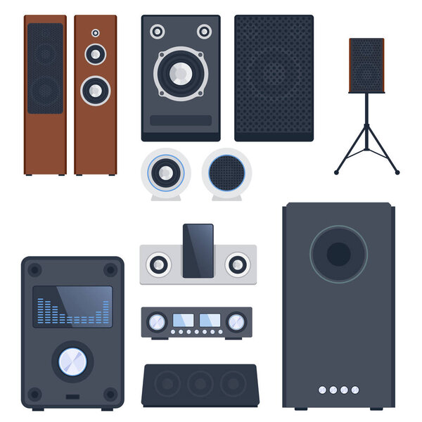 Home sound system stereo flat vector music loudspeakers player subwoofer equipment technology.