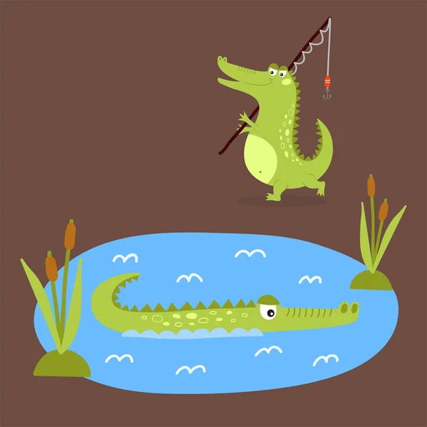 Caricature crocodile vert drôle prédateur australien faune rivière reptile alligator plat vecteur illustration . — Image vectorielle