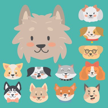 Komik karikatür köpek karakter kafaları ekmek karikatür köpek dostu sevimli köpek vektör çizim.