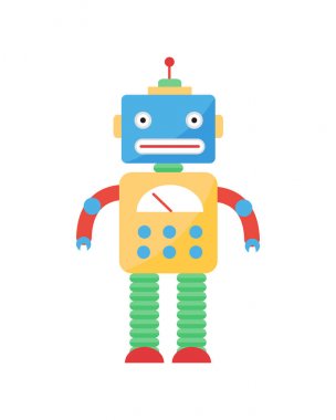 Şirin antika robot teknoloji oyuncak makine gelecekteki bilim oyuncak robot fütüristik tasarım vektör çizim.