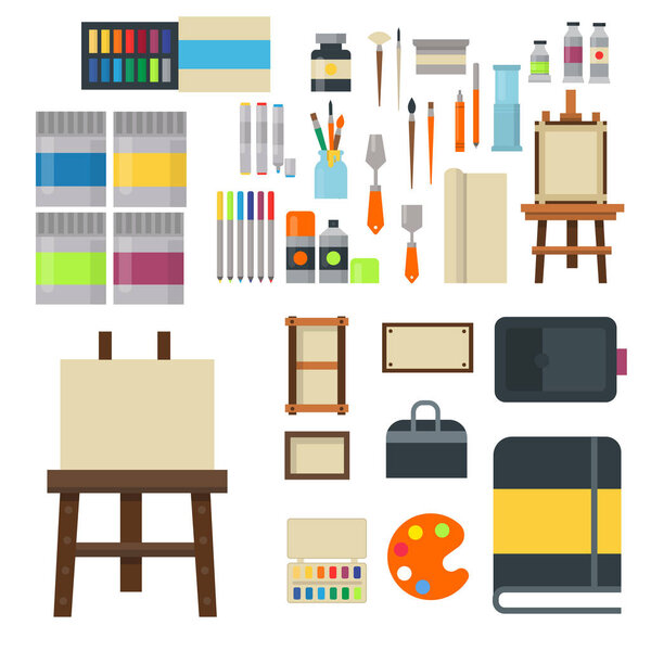 Painting art tools palette icon set flat vector illustration details stationery creative paint equipment.