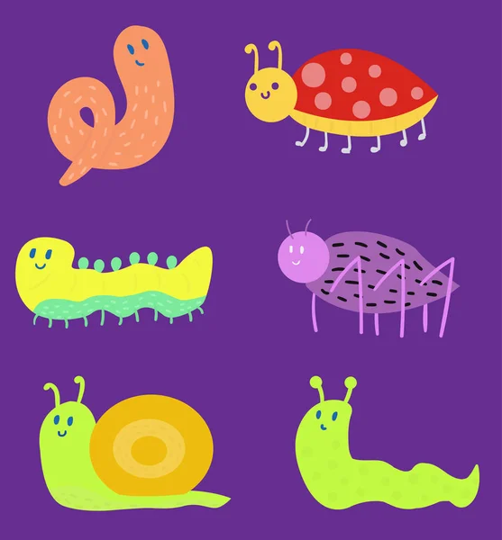 Colorful insects icons isolated wildlife wing detail summer worm caterpillar bugs wild vector illustration. — Stock Vector