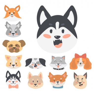 Komik karikatür köpek karakter kafaları ekmek karikatür köpek dostu sevimli köpek vektör çizim.
