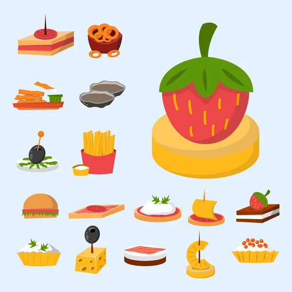 Various meat fish cheese banquet snacks on banquet platter canape snacks appetizer delicious vector. — Stock Vector