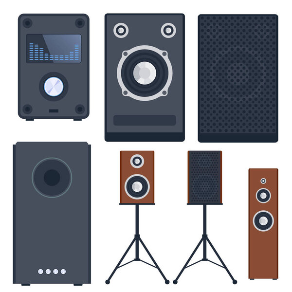 Home sound system stereo flat vector music loudspeakers player subwoofer equipment technology.