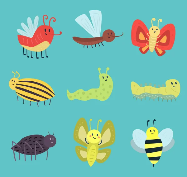 Színes rovarok ikonok elszigetelt wildlife szárny részletesen nyári féreg caterpillar hibákat vad vektoros illusztráció. — Stock Vector