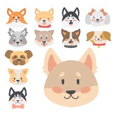 Komik karikatür köpek karakter kafaları ekmek karikatür köpek dostu sevimli köpek vektör çizim.