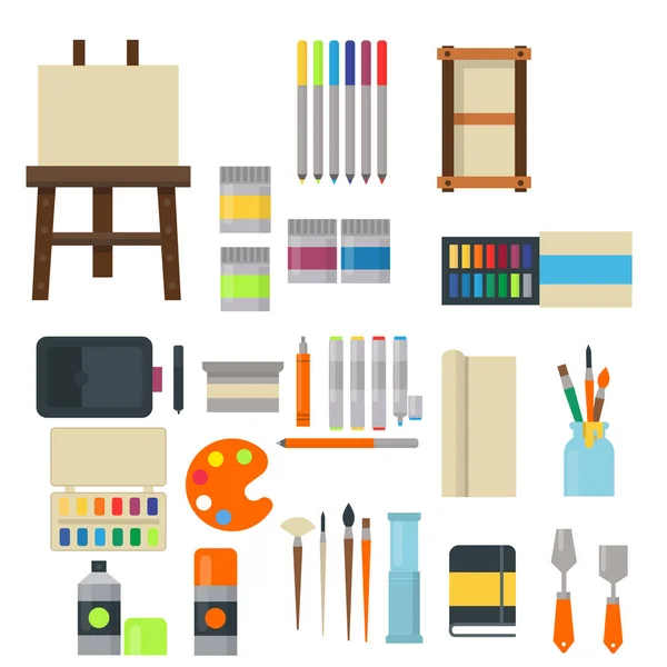 Art peinture outils palette icône set plat vecteur illustration détails papeterie créatif peinture équipement . — Image vectorielle