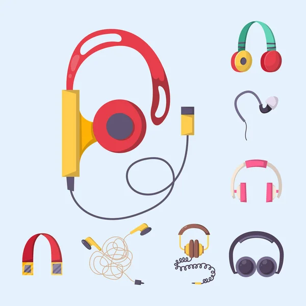 Headphones vector set music technology accessory studio sound design collection dj speaker. — Stock Vector