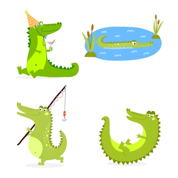 Cartoon grön krokodil roliga predator australian wildlife floden reptil alligator platt vektorillustration. — Stock vektor
