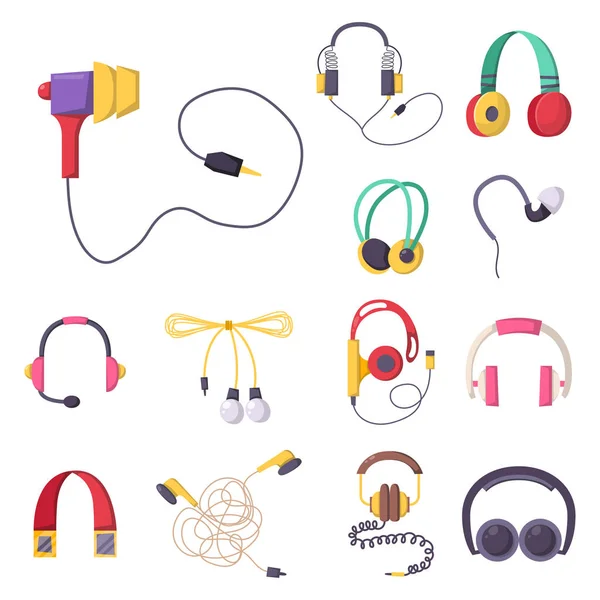 Headphones vector set music technology accessory studio sound design collection dj speaker. — Stock Vector