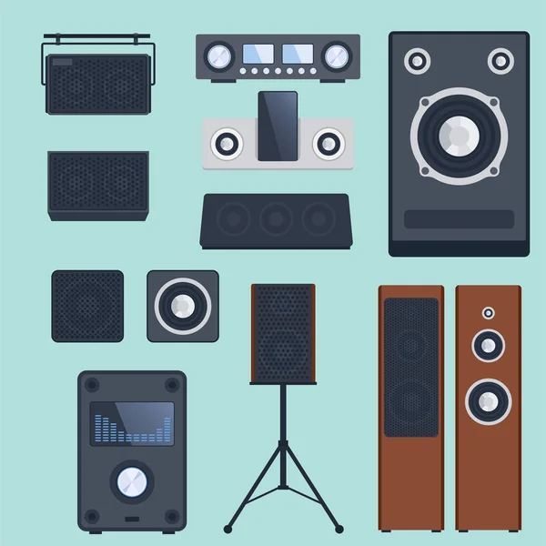 Home sound system stereo flat vector music loudspeakers player subwoofer equipment technology. — Stock Vector