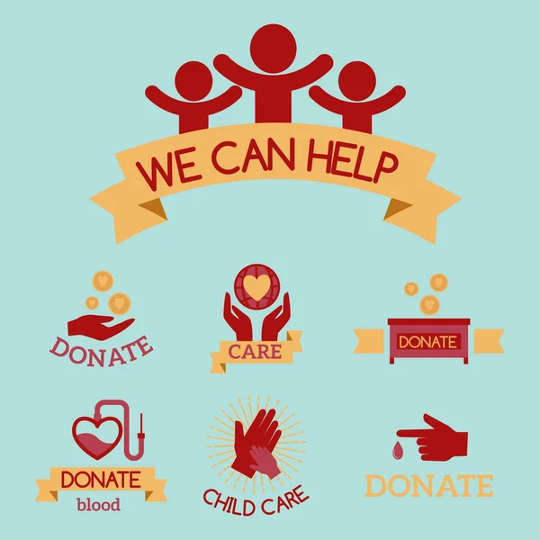 Voluntários ícones vermelhos caridade doação vetor definido consciência humanitária mão esperança ajuda apoio símbolos . — Vetor de Stock
