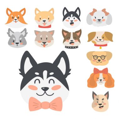 Komik karikatür köpek karakter kafaları ekmek karikatür köpek dostu sevimli köpek vektör çizim.