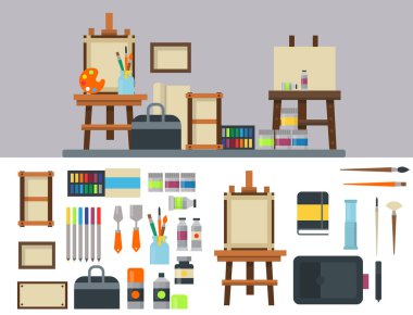 Sanat araçlar paleti simgesi boyama düz vektör çizim ayrıntıları Kırtasiye yaratıcı boya ekipman ayarla.