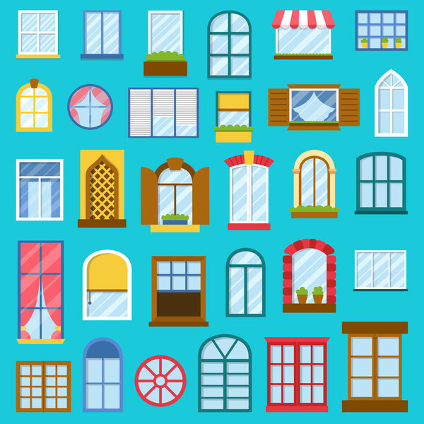 Different house opened windows vector elements collection isolated illustration