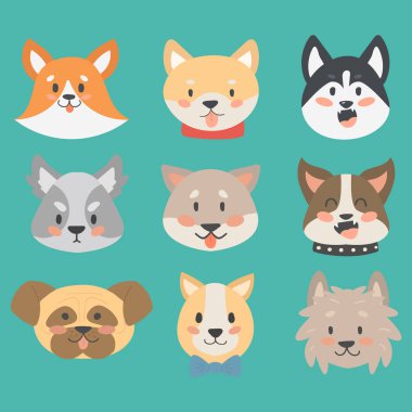 Komik karikatür köpek karakter kafaları ekmek karikatür köpek dostu sevimli köpek vektör çizim.