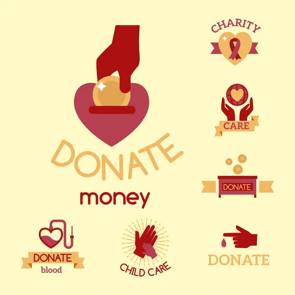 Volunteer red icons charity donation vector set humanitarian awareness hand hope aid support symbols. — Stock Vector