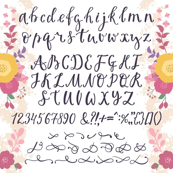 Fonte vetorial caligráfica com números ampersand e símbolos flower hand drawn alphabet lettering —  Vetores de Stock