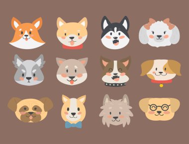 Komik karikatür köpek karakter kafaları ekmek karikatür köpek dostu sevimli köpek vektör çizim.