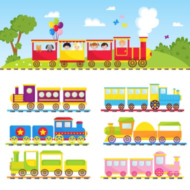 Oyun hediye çocuklar tren vektör seyahat demiryolu ulaşım oyuncak lokomotif çizim.