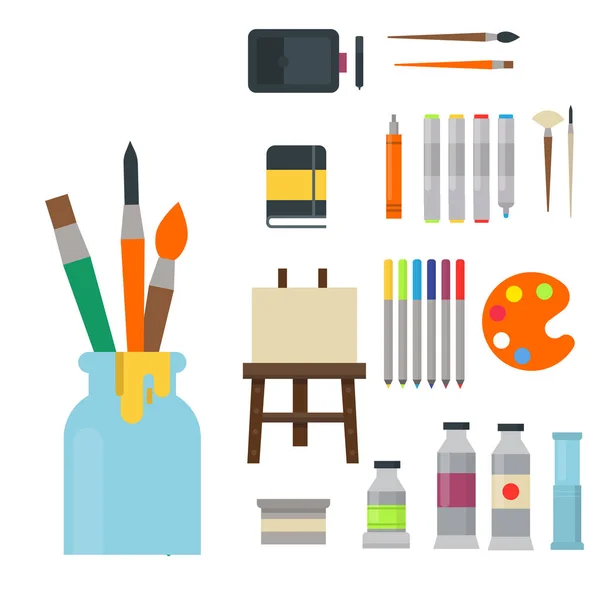 Painting art tools palette icon set flat vector illustration details stationery creative paint equipment. — Stock Vector