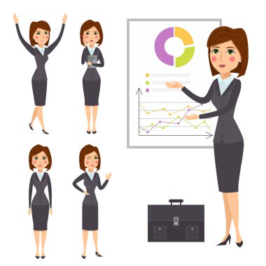 Vektör iş kadın karakter siluet duran yetişkin office kariyer genç kız poz.