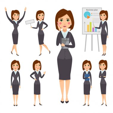 Vektör iş kadın karakter siluet duran yetişkin office kariyer genç kız poz.