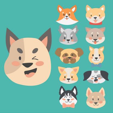 Komik karikatür köpek karakter kafaları ekmek karikatür köpek dostu sevimli köpek vektör çizim.